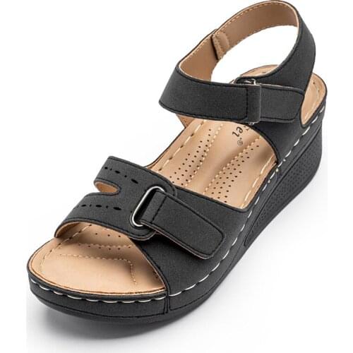 2021 Summer Retro Womens Sandals Sewing Women Casual Wedge Shoes Woman Lady Buckle Strap Hook Loop Soft Platform Female Sandals
