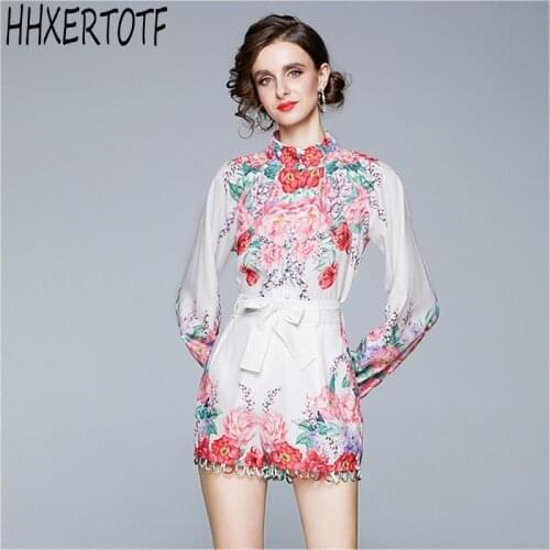 2020 autumn Fashion Flower Print Shorts Sets Women long Sleeve Shirt Top ＋ Belted Shorts 2 Pieces Set