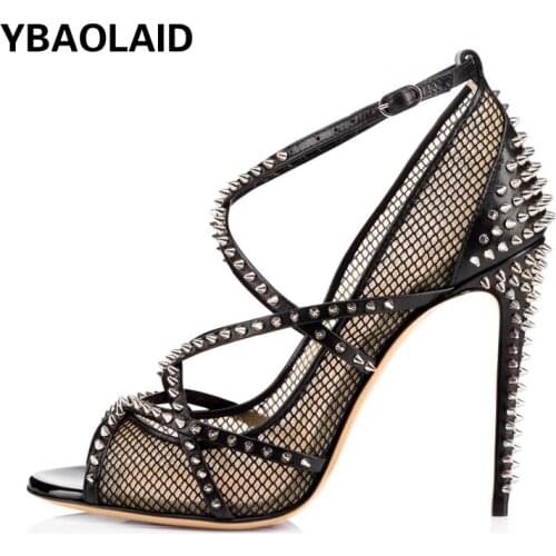 Sexy Black Fishnet Rivet High-heeled Fashion Sandals Summer New Style Nude Fish Mouth Open Toe Shallow High-heeled Shoes