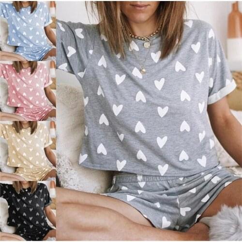 Women Pajama Sets Home Wear Tops Shorts Fashion Heart Printed Short Sleeve O-Neck Female Night Suit Casual Outfit Sleepwear