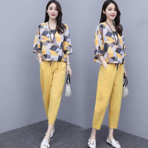 Plus Size Summer Two Piece Set Women Loose Printed Shirt Tops + Pants Suits Office Lady Fashion Sets Womens Clothes 2021 Y804