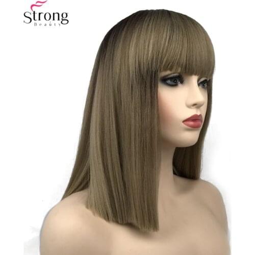 StrongBeauty Womens Synthetic Wig Ombre Hair Natural Neat Bang Hairstyle Golden Brown Long Straight Wigs
