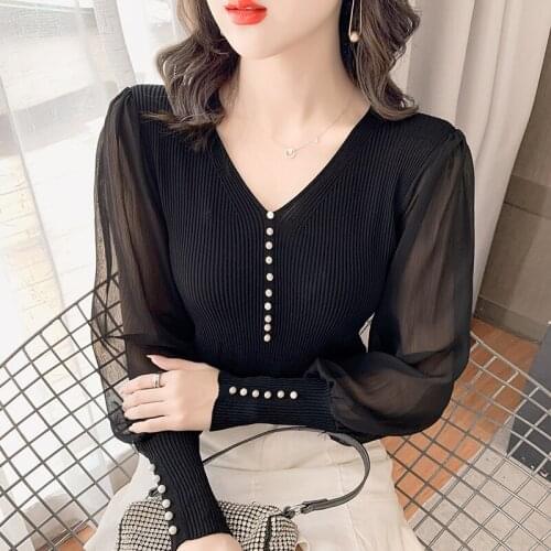 Korean Fashion Pullover Sweater Women V Neck Puff Sleeve Beading Sweet Knitted Sweaters Chiffon Stitching Knitwear Tops Jumper
