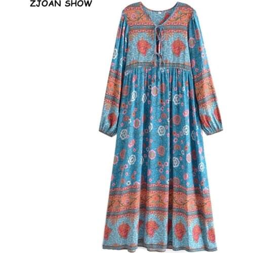 2021 Bohemia Bandage Lacing up Collar Contrast color blue Flower Print Midi Dress BOHO Woman Long Sleeve Holiday Dresses Beach