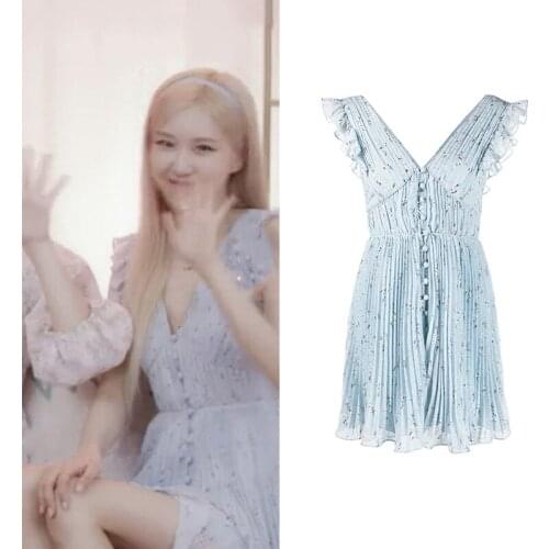 Kpop Korean Celebrity ROSE Party Sexy Strapless Chiffon Floral Mini Dress Women Summer Casual Backless Deep V Neck Sling Dresses