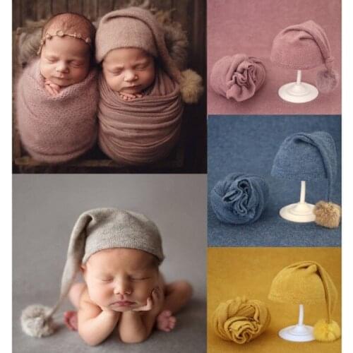 2pcs/set Newborn Photography Props Blanket Baby Fur Ball Knitted Hat Baby Beanie Baby Photo Shoot Accessories
