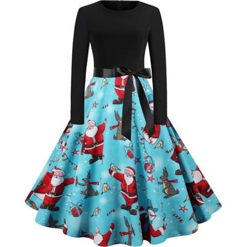 2021 Holiday Black and Sky Blue Two Tone Elegant Vintage Christmas Clothes Women O-Neck Winter Party Belted A-Line Dress