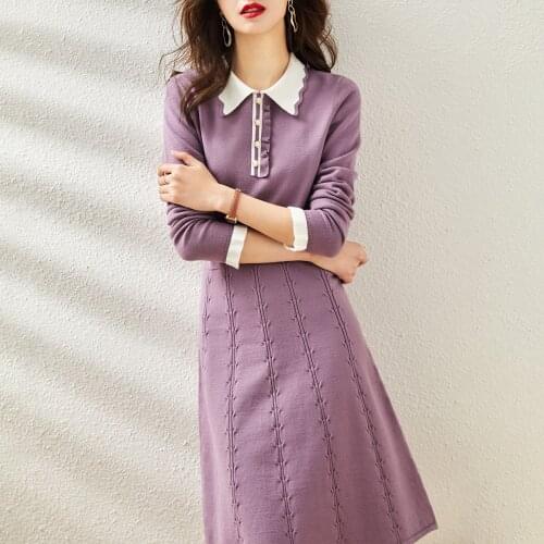 Abrini Elegant dresses Long Sleeve Knitted Purple Dress Fashion Inside Slim Elastic Knee Dresses Peter Pan Collar Office Lady