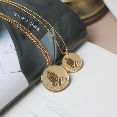 Amaiyllis 14K Prayer Gesture Hand Round Gold Coin Necklace Sweater Chain Pendants For Women Christmas Necklace Jewelry Gift