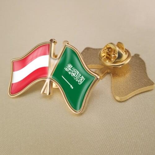 Austria and Saudi Arabia Crossed Double Friendship Flags Lapel Pins Brooch Badges