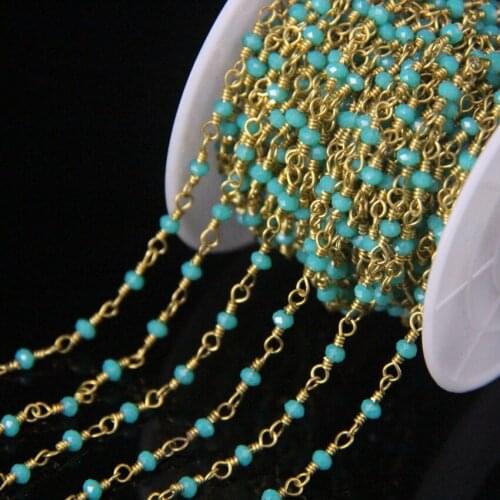 5Meters,Amazonite Colors Glass Rosary Chain,2x3mm Faceted Rondelle Link Brass Wire Wrapped Chain,Charms Women Bracelet Crafts