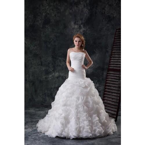 Ivory Organza Strapless Sleeveless Floor-Length Mermaid /Trumpet Wedding Dresses Chapel Train Custom Made