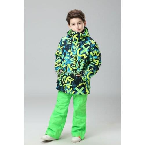 Children Green Doodle Waterproof Ski Suit Boys Insulated Snowboarding Outfits Kids Snow Jackets And Bib Pants Set Skiwear