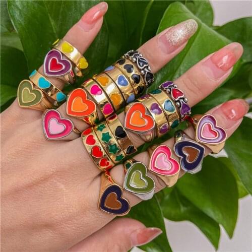ORZTOON Y2K Vintage Colorful Rings Set For Women Dripping Oil Enamel Green Peach Heart Star Moon Ring Trendy Female Jewelry Gift