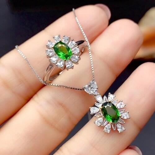 100% Real Natural Diopside Jewelry set Natural And Real Diopside Set 925 sterling silver Fine jewelry 1pc Ring,1pc Pendant