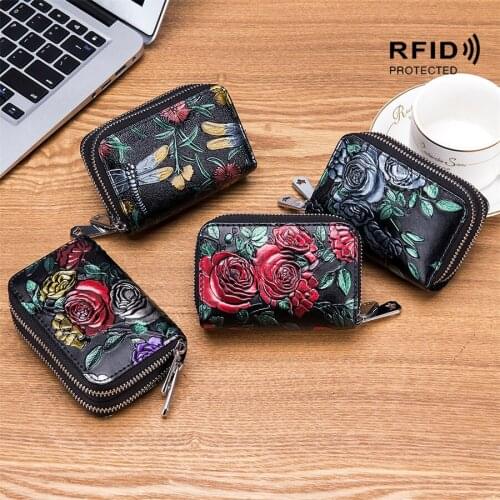 Colored Drawing Cow Leather Card Holder High Capacity Multiple-Card-Position RFID Zippered Coin Purse Wallet F1098