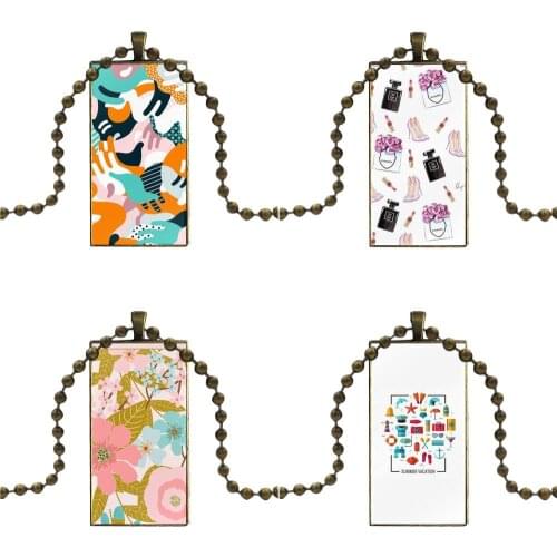 Makeup Lips Big Eyes Pineapple Secret Unicorn Rainbow Flamingo Glass Pendant Necklace Handmade Half Pendant Rectangle Necklace