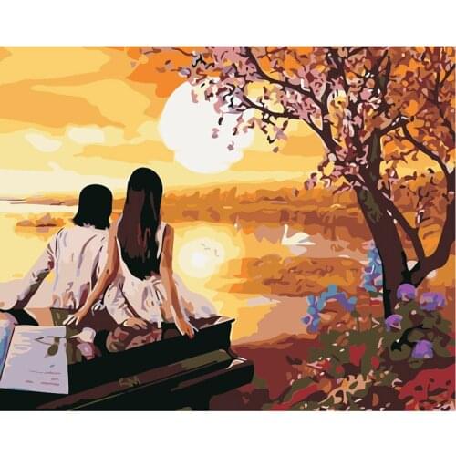 Frameless Lakeside couple Diy Digital Painting By Numbers Acrylic Paint Abstract Modern Wall Art Canvas Painting For Home Decor