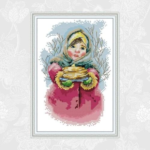 Girl Holding Food Parttern DIY Handmade Cross Stitch Kits Printed on Canvas 14CT 11CT Cross-stitch Embroidery Needlework Sets