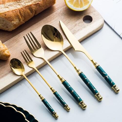Ceramic Tableware Set Marbled Spoon Stainless Steel Dessert Spoon Fruit Fork Nordic Steak Tableware Spaghetti Dinner Fork Set