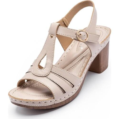 New Womens Sandals Elegant Square Heel Summer Shoes Workout Breathable Pu Leather Female Footwear Plus Size White Dress Shoe