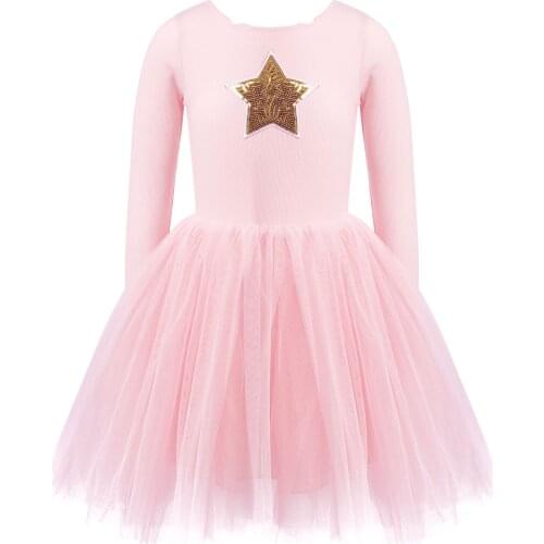 New Kids Girls Autumn Dress Cotton Shiny Sequins Stars Print Mesh Tutu Dress Long Sleeve Children Wedding Birthday Party Costume