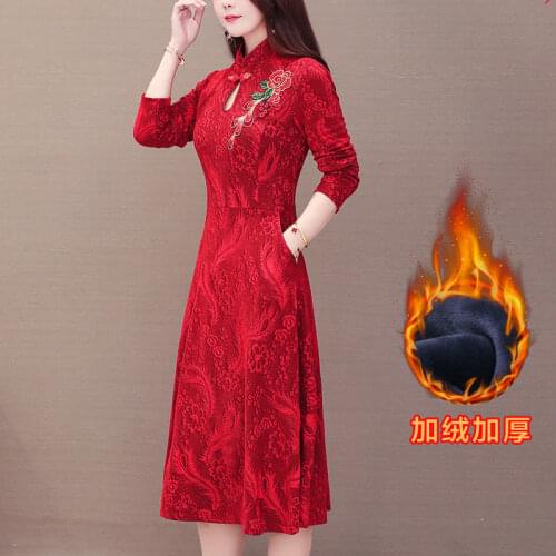 Autumn Winter Womens Dress New Style Plus Velvet Thick Embroidered Dresses Middle Aged Elderly Mother Party Dress XL-5XL H204