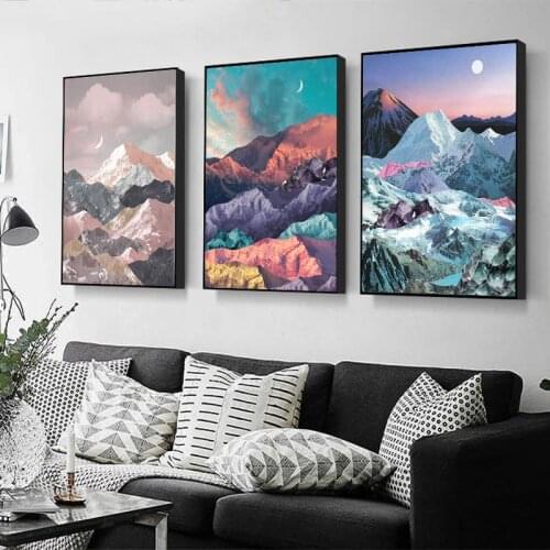 Modern Abstract Wall Art Colorful mountain top Sunrise moon stars Landscape Poster Simplicity Canvas Painting Home Decor