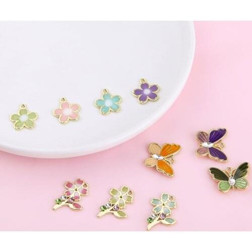 6pcs Korean Style Cute fresh flowers alloy Rhinestones earrings small flowers five petals butterfly pendant DIY jewelry earring