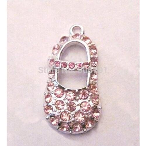 Antique silver color zinc studded with sparkling crystals Baby Shoe Pink Crystal Pendant Jewelry, 100pcs a lot