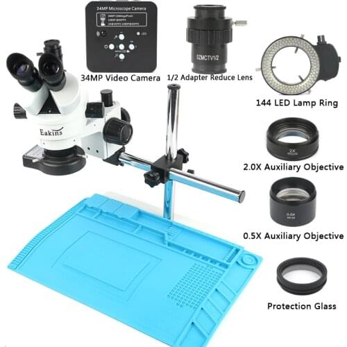 Simul-focal 3.5-90X Trinocular Stereo Microscope 34MP HDMI Microscope Camera Single Arm Swivel Bracket Repair Work Mat