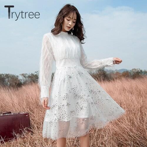 Trytree Spring Romantic Tassel Patchwork Mesh Sequined women Dress Dresses A-line Knee-Length Solid White Casual Dress