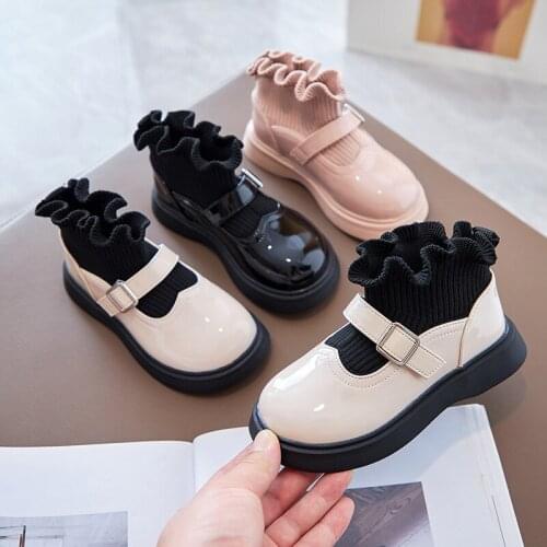 Girls Western Style Princess Shoes 2021 Autumn New Style Girls Lace Paint Leather Shoes for Children Ruffle Sweet Warm Fashion