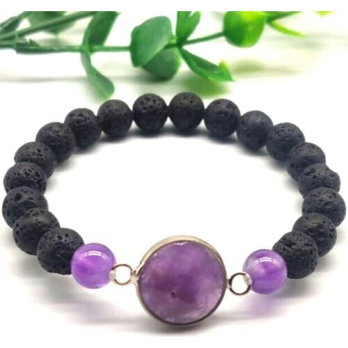 FYJS Unique Silver Plated Round Amethysts Crystal Connect Black Lava Stone Beads Stretchy Bracelet Fashion Jewelry