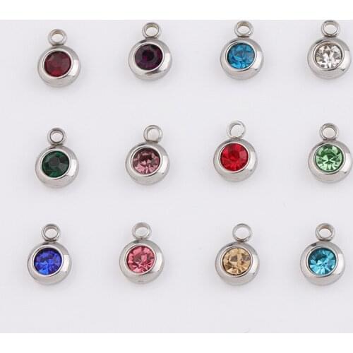High Quality Mixed Colorful Crystal Birthstone Charm 7mm for Personalized Necklace Bracelet Stainless Steel Charms for Jewelry