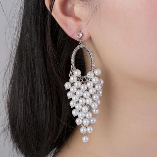 Elegant Hollow Oval simulated Pearl Long Statement Stud Earrings for Women bridal Wedding Party jewelry