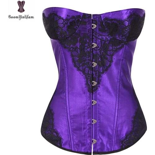 Lace Appliques Corset Satin Overbust Gothic Korset Fish Boned Women Bustier Korse Purple Silver Red Green Gorset Sexy Clothing