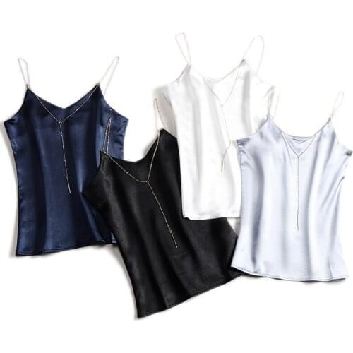 2020 Summer Women Fashion Sexy V Low Cut Grosgrain Metal Strip Short Solid Crop Top Elegant Satin Cami Top Plus Size Black White