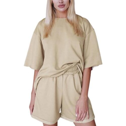 2Pcs/Set Oversize Shorts Set Women Loose Shorts Casual Solid Color Round Neck T-shirt Elastic Waist Shorts Set Sporty Tracksuit