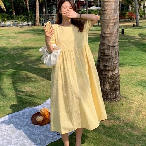 2021 Summer Dress Women Korea Cotton Puff Sleeve Solid O-neck Loose Dress Sweet Cute Plus Size Yellow Dresses Vestido Robe 15708