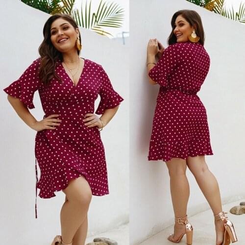 Women Summer Dress Polka Dot Boho Beach Dress Women Beach Holiday Dress Casual Short Sleeve V-Neck Sundress Plus Size