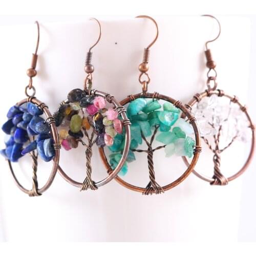 Tree of Life -Compper Wire Wrap Women Jewelry Natural Stone Beads Blue Lapis Rose Quartz Round Hook Dangle Earrings 1Pair