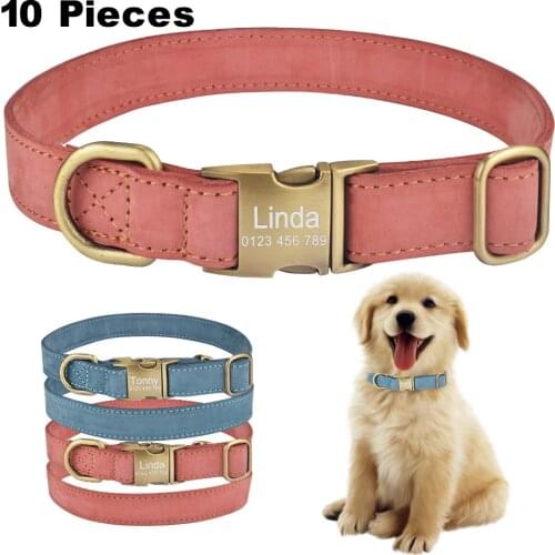 10 Pieces Leather Dog Collar Personalized Puppy Name Custom Engraved Boy Girl Buckle S-L Pet Supplies Puppy