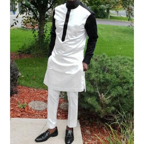 2020 African Fashion Men Stand Collar Shirts With Pants Black Sleeve Patchwork Tops+Trousers Male White Elastic Waist Pant Suit