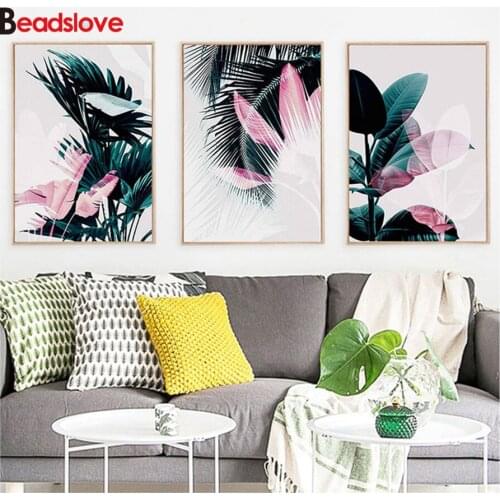 3 pcs square diamond painting Ornamental Plant Colored Leaves,diamond embroidery full round drill mosaic 3d picture gift