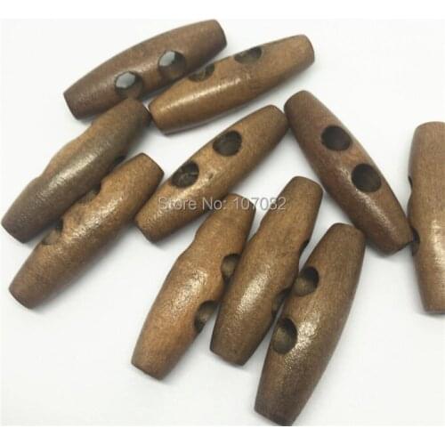 50pcs Brown Olive Horn Toggle Wood Buttons Wind Coat Sewing 2 Holes Garment Accessories Fit Scrapbooking 40x12mm
