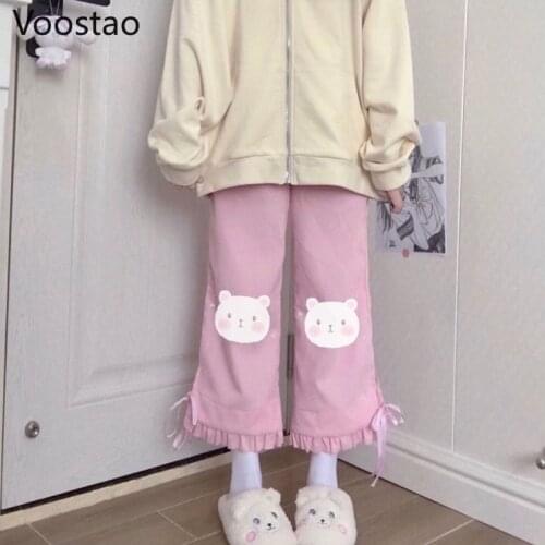Japanese Harajuku Lolita Style Corduroy Pants Girly Cute Bear Embroidery Bow Lace-Up High Waist Straight Pants Women Sweatpants