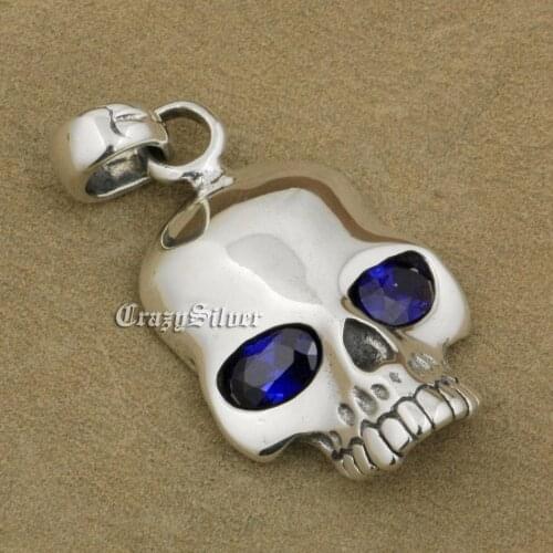 Skull CZ Eyes 925 Sterling Silver Mens Biker Rocker Punk Pendant 8C108 Just Pendant