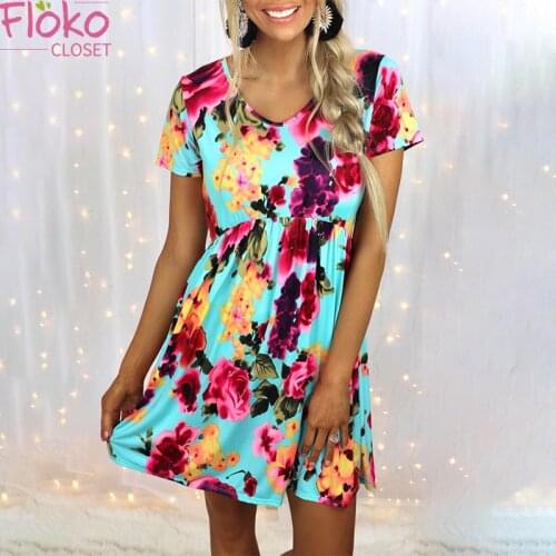 Flokocloset Summer Print V-Neck Mini Dresses Short Sleeve High Waist Casual Loose Sundress A-LINE Party Dresses