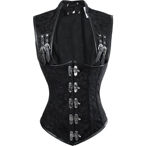 Gothic Women Black Brocade Steel Boned Waist Training Vest Underbust Buckle Corset Steampunk Bustier